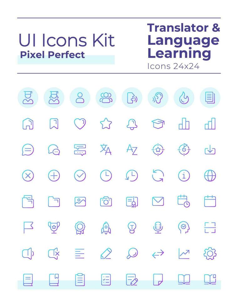 Translator pixel perfect gradient linear ui icons set. Language learning. Communication. Line contour user interface symbols. Vector isolated outline illustrations