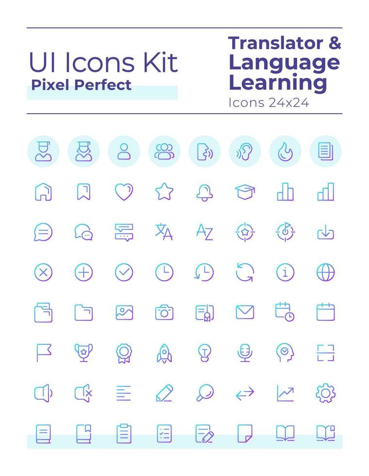 traductor píxel Perfecto degradado lineal ui íconos colocar. idioma aprendiendo. comunicación. línea contorno usuario interfaz simbolos vector aislado contorno ilustraciones
