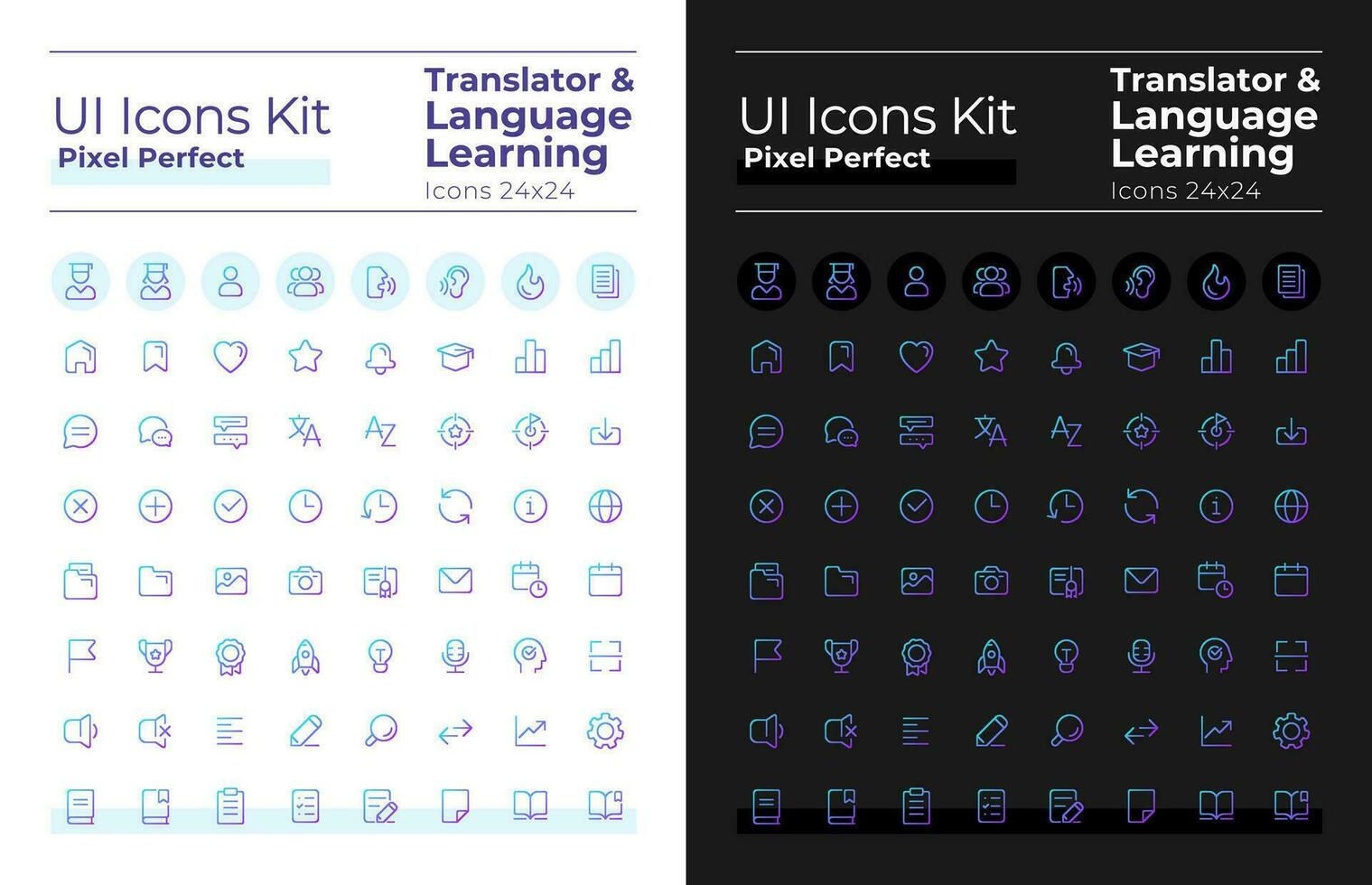 traductor, idioma aprendizaje píxel Perfecto degradado lineal ui íconos conjunto para oscuro, ligero modo. lineal usuario interfaz simbolos vector aislado contorno ilustraciones