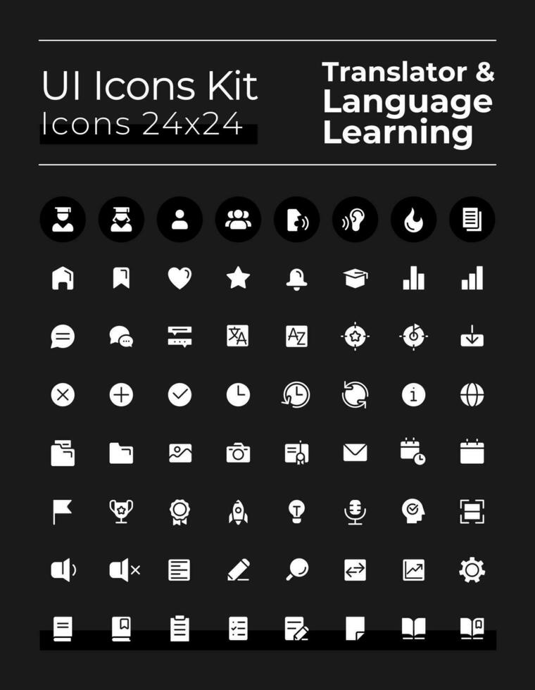 idioma aprendizaje blanco glifo ui íconos conjunto para oscuro modo. silueta símbolos en negro antecedentes. sólido pictogramas para web, móvil. vector aislado ilustraciones