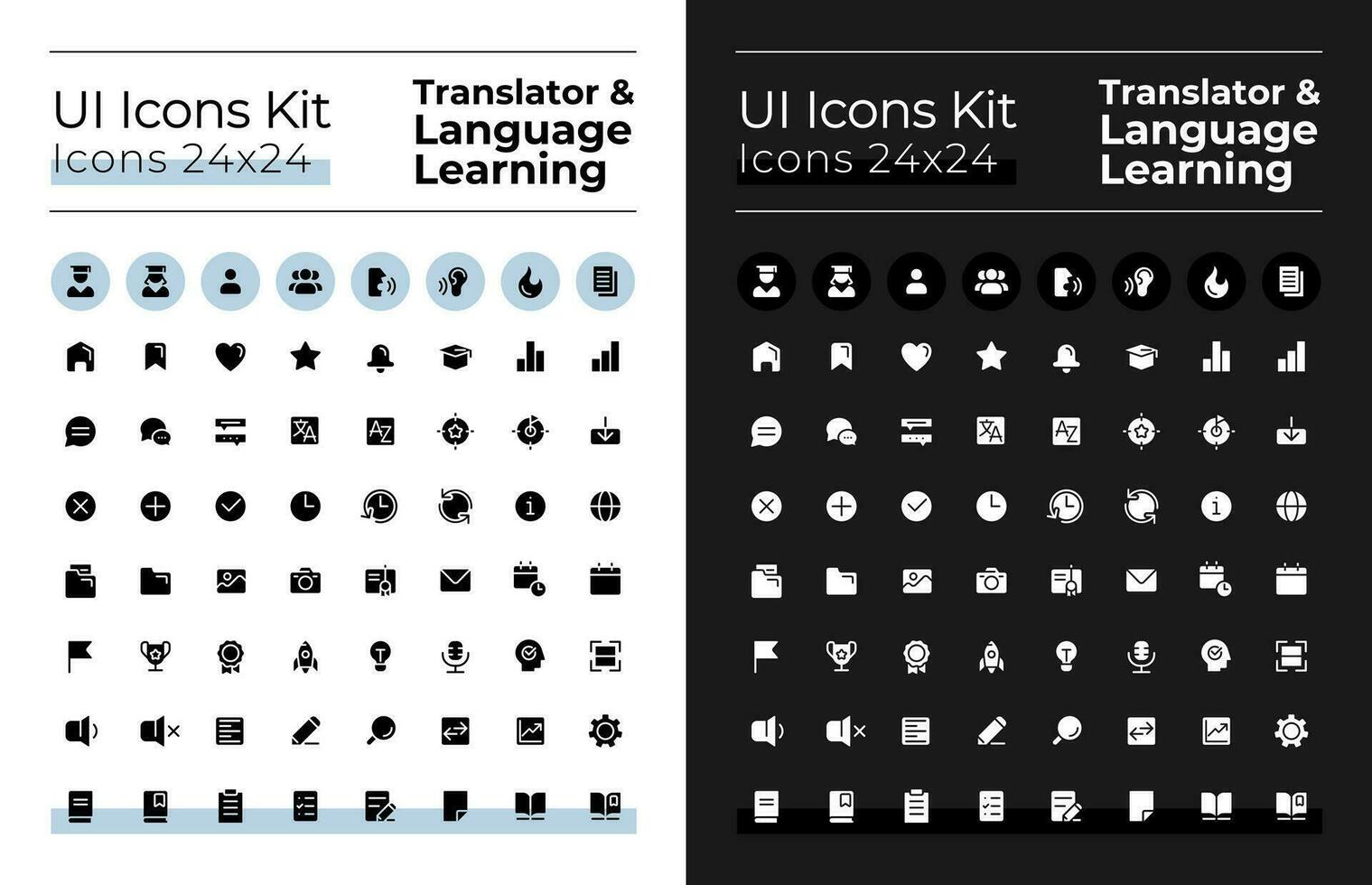 traductor glifo ui íconos conjunto para oscuro, ligero modo. idioma aprendiendo. silueta símbolos para noche, día temas sólido pictogramas. vector aislado ilustraciones