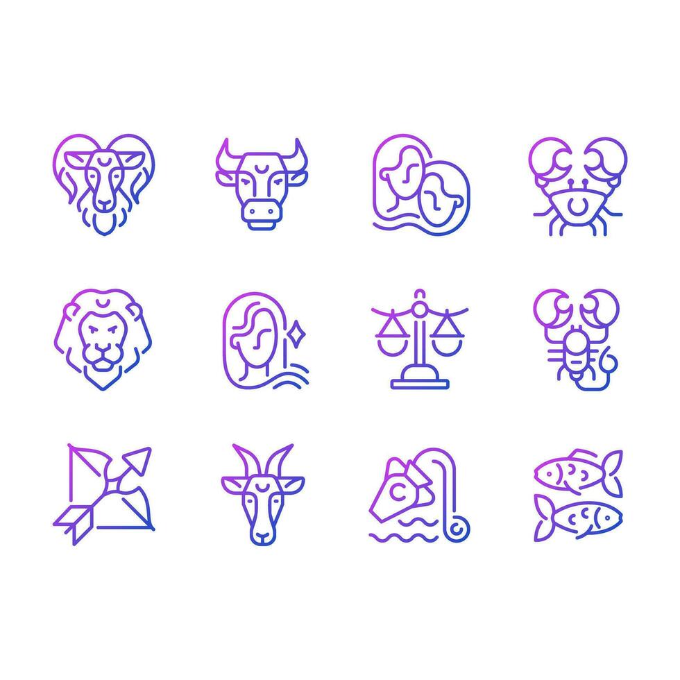 Astrological signs pixel perfect gradient linear vector icons set. Twelve zodiac elements. Birth constellations. Thin line contour symbol designs bundle. Isolated outline illustrations collection