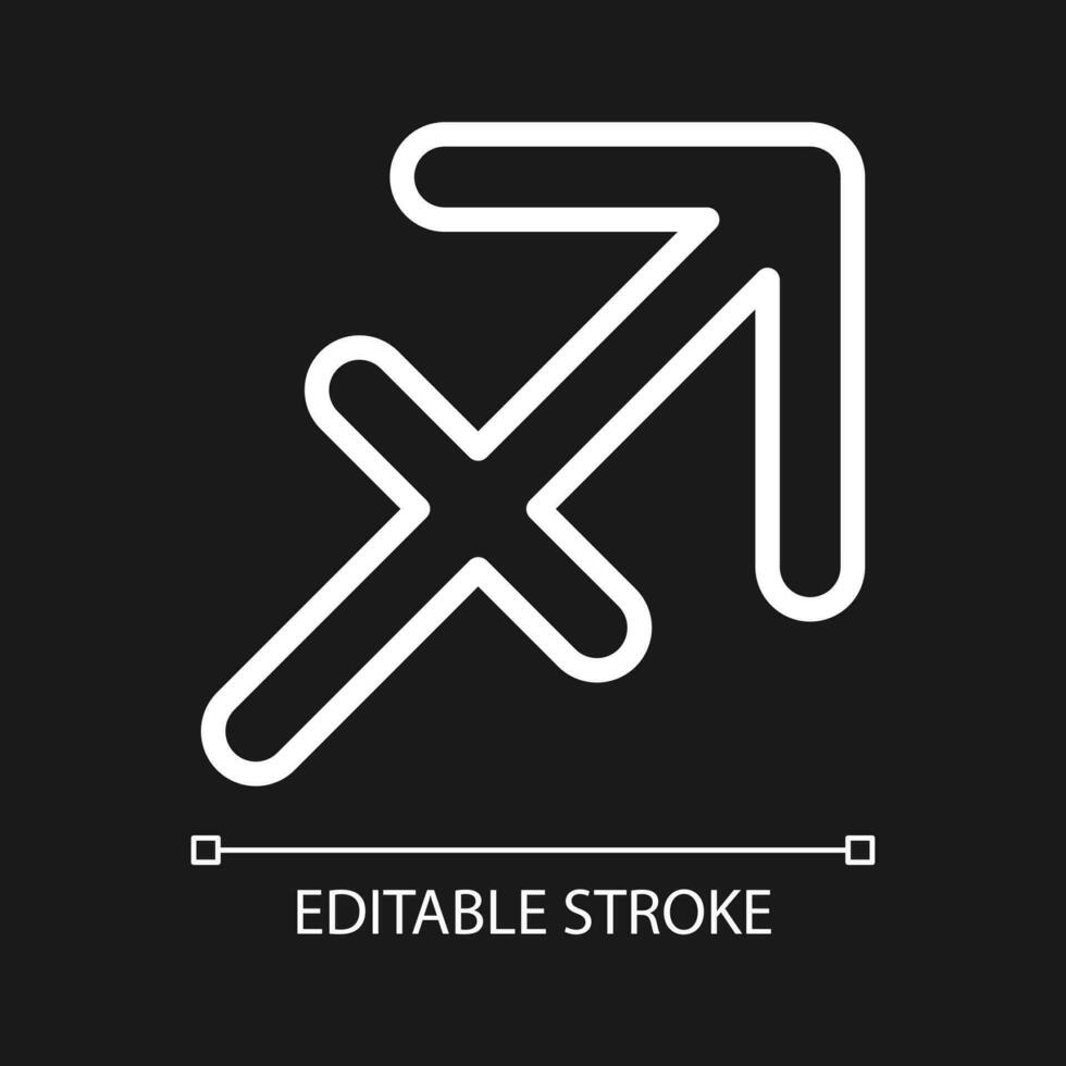 Sagittarius pixel perfect white linear icon for dark theme. Fire zodiac sign. Astrological archer. Thin line illustration. Isolated symbol for night mode. Editable stroke vector