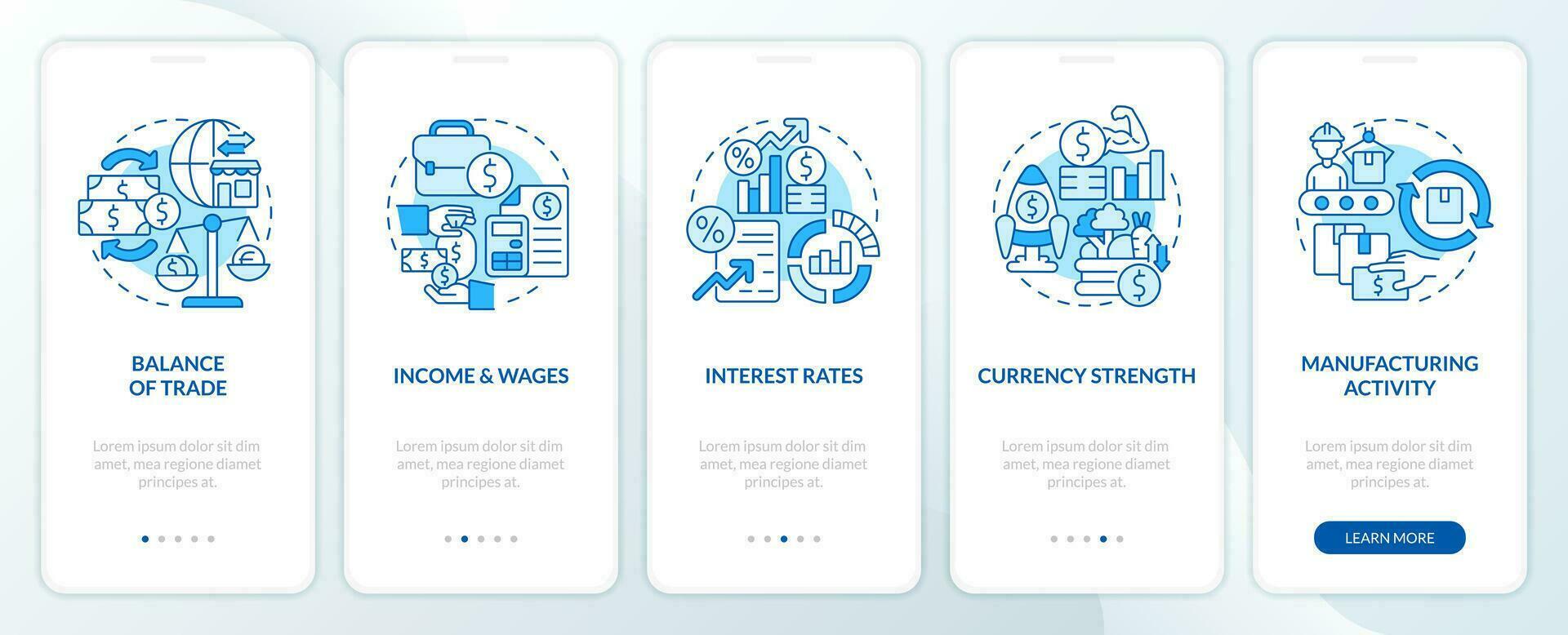 Economic indicators examples blue onboarding mobile app screen. Walkthrough 5 steps editable graphic instructions with linear concepts. UI, UX, GUI template vector