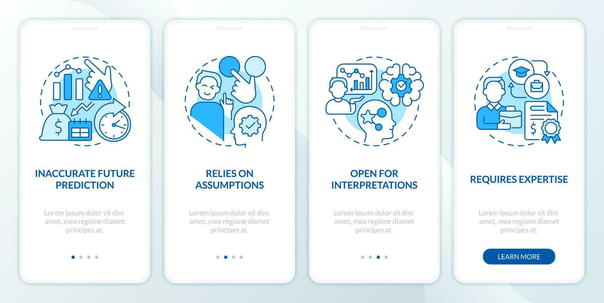 Economic indicators disadvantages blue onboarding mobile app screen. Walkthrough 4 steps editable graphic instructions with linear concepts. UI, UX, GUI template vector