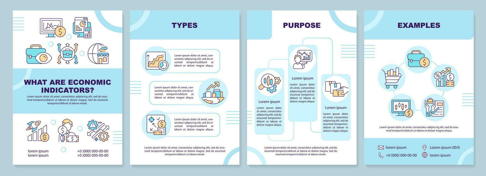 What are economic indicators blue brochure template. Leaflet design with linear icons. Editable 4 vector layouts for presentation, annual reports