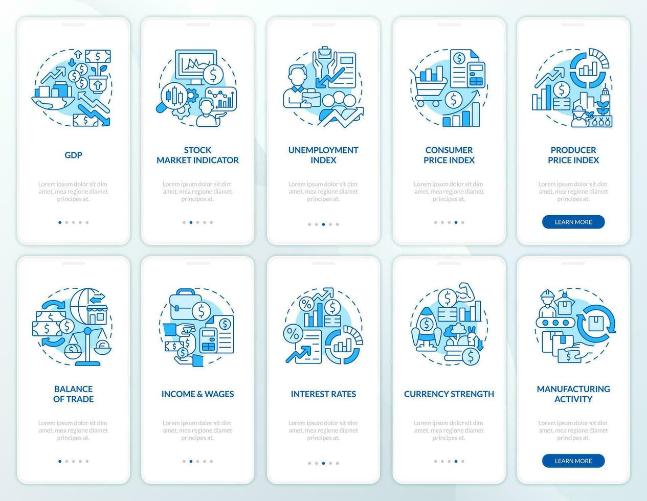 Economic factors blue onboarding mobile app screens set. Walkthrough 5 steps editable graphic instructions with linear concepts. UI, UX, GUI template vector