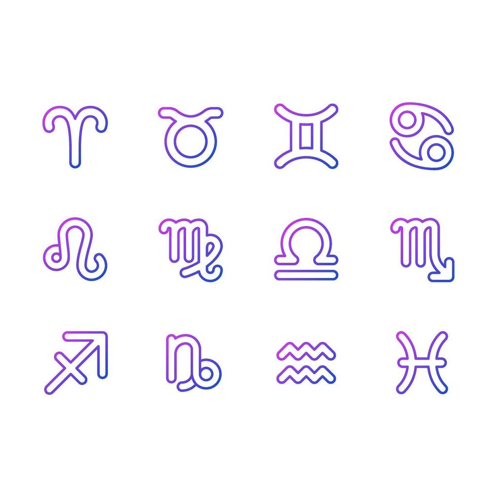 Twelve zodiac signs of western astrology pixel perfect gradient linear vector icons set. Horoscope forecast. Thin line contour symbol designs bundle. Isolated outline illustrations collection