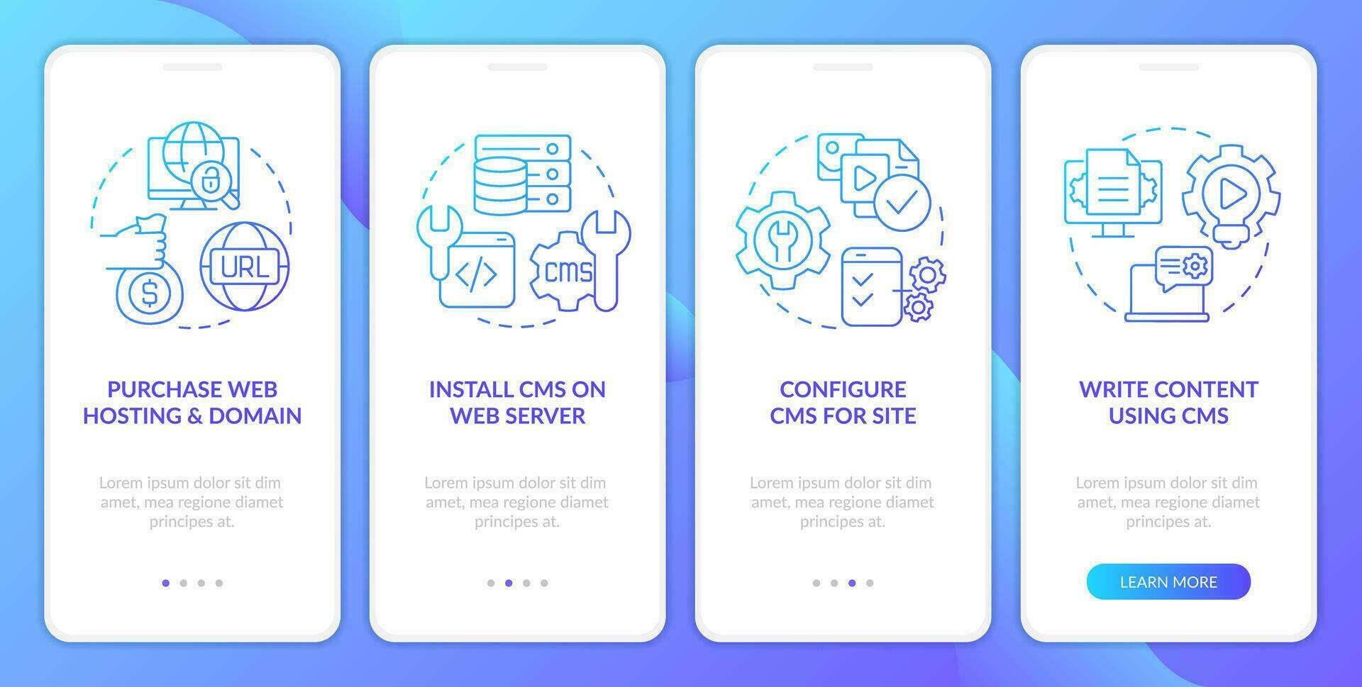 Develop website with CMS blue gradient onboarding mobile app screen. Walkthrough 4 steps graphic instructions with linear concepts. UI, UX, GUI template vector