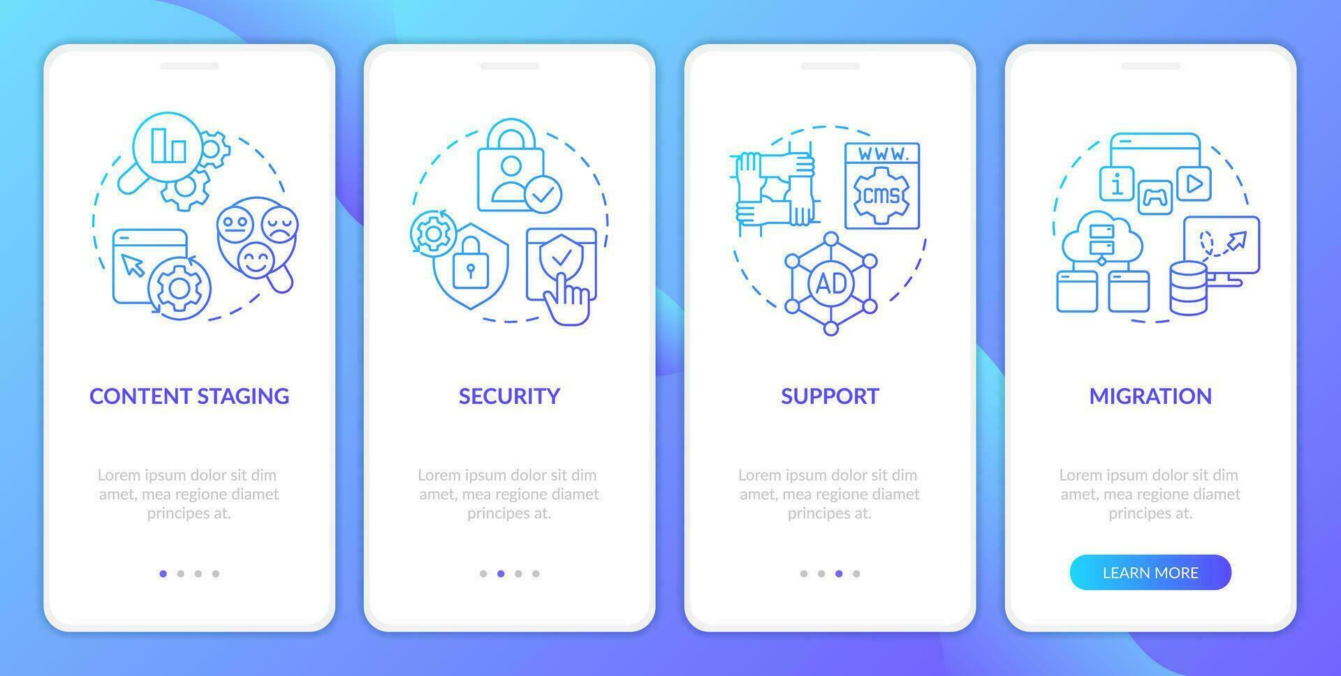 CMS platform requirements blue gradient onboarding mobile app screen. Walkthrough 4 steps graphic instructions with linear concepts. UI, UX, GUI template vector