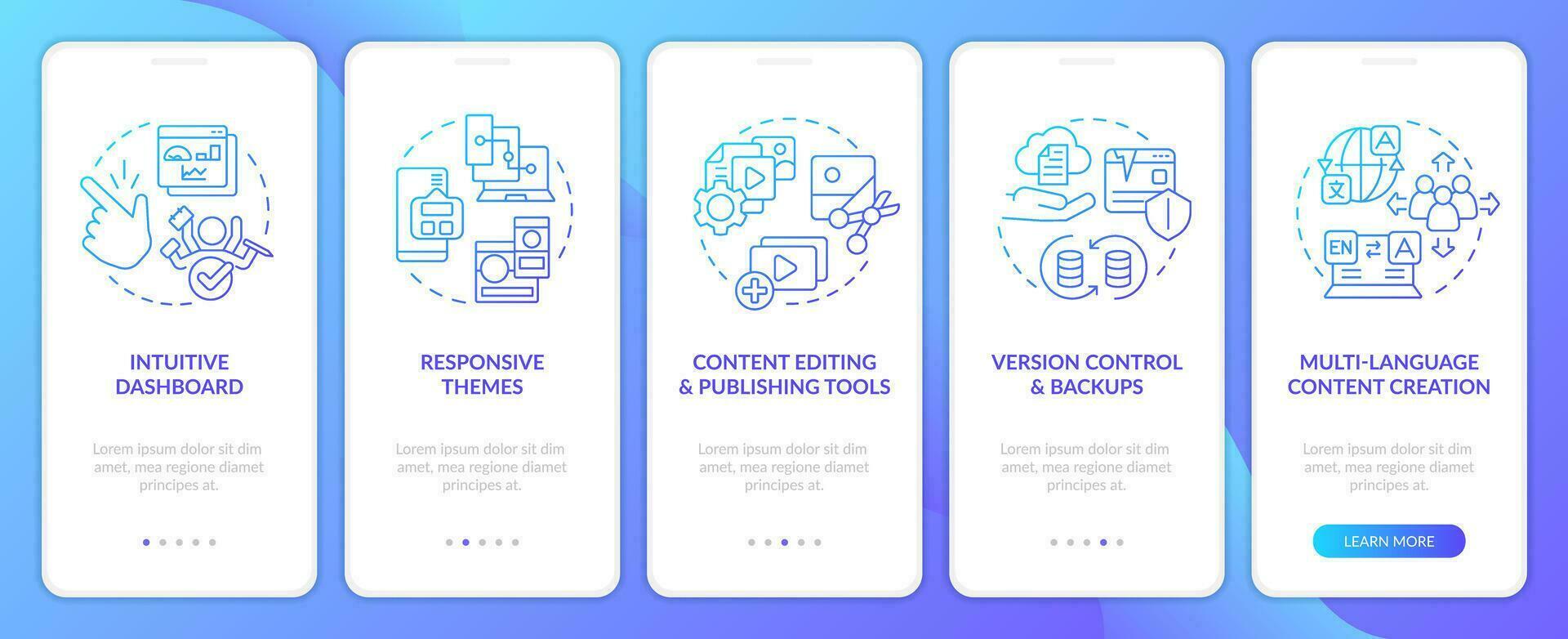 Content management system benefits blue gradient onboarding mobile app screen. Walkthrough 5 steps graphic instructions with linear concepts. UI, UX, GUI template vector