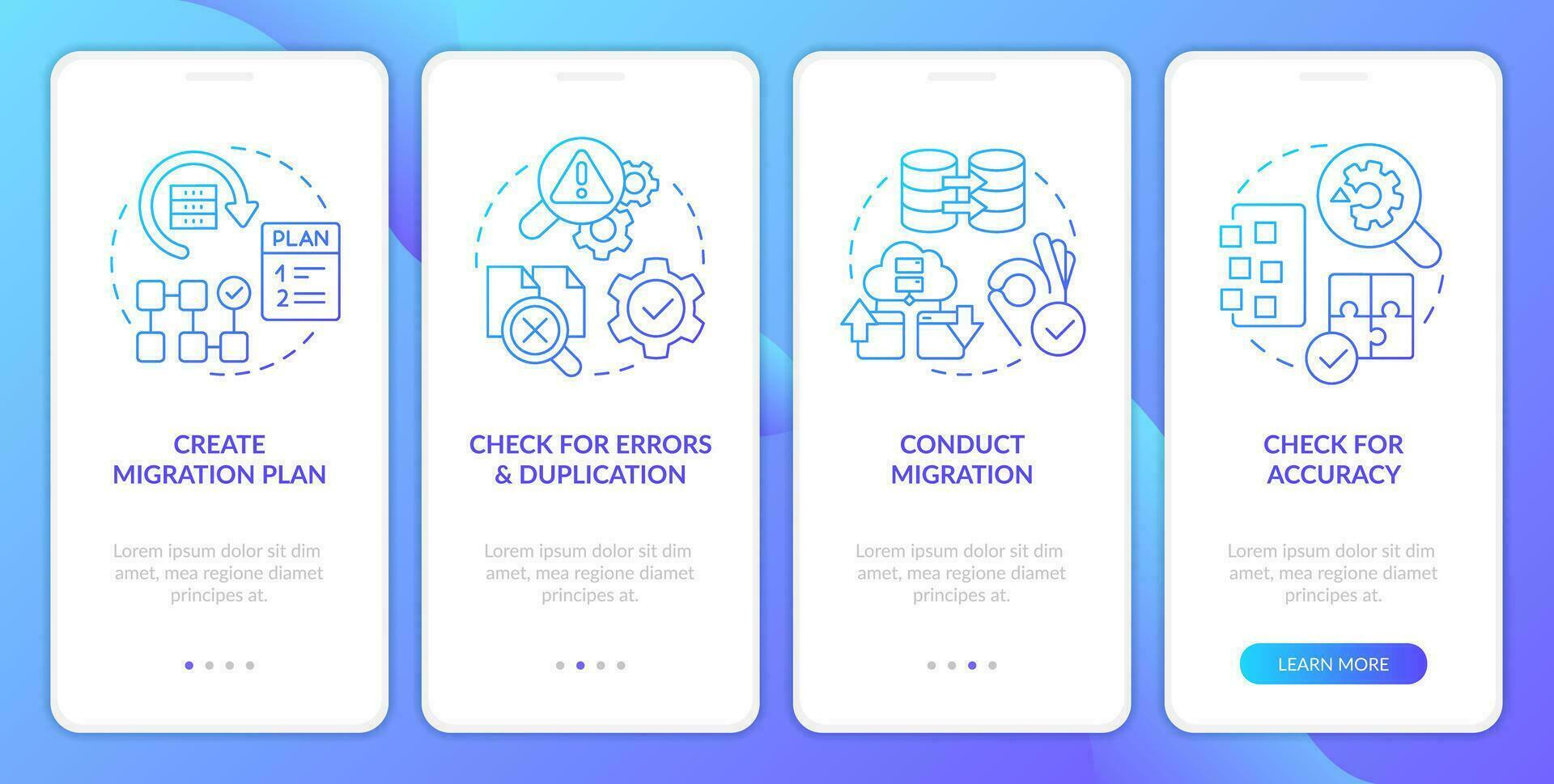 Website data migration blue gradient onboarding mobile app screen. Walkthrough 4 steps graphic instructions with linear concepts. UI, UX, GUI template vector