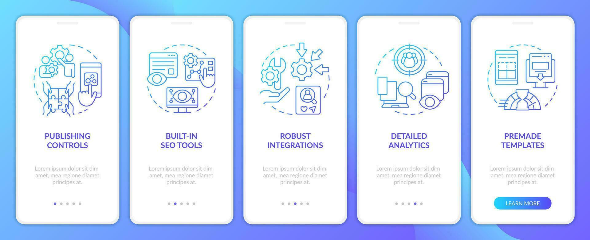 Content management system options blue gradient onboarding mobile app screen. Walkthrough 5 steps graphic instructions with linear concepts. UI, UX, GUI template vector