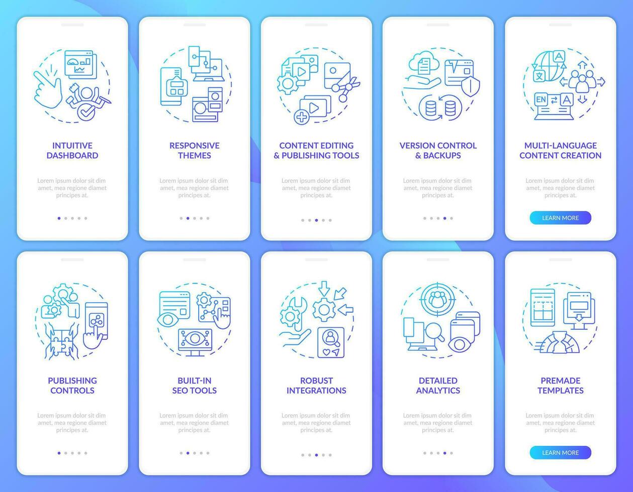 CMS functionalities blue gradient onboarding mobile app screen set. Walkthrough 5 steps graphic instructions with linear concepts. UI, UX, GUI template vector