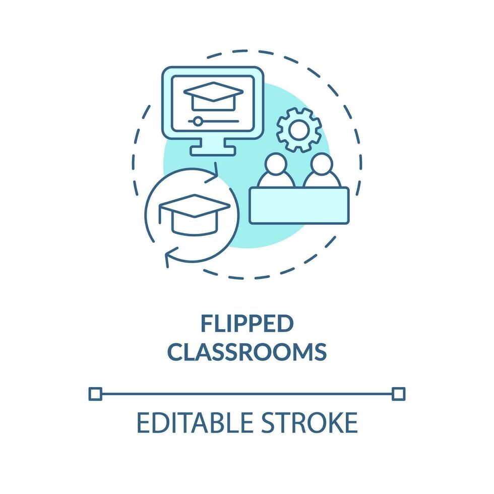 Flipped classrooms turquoise concept icon. E learning. Educational application of ICT abstract idea thin line illustration. Isolated outline drawing. Editable stroke vector