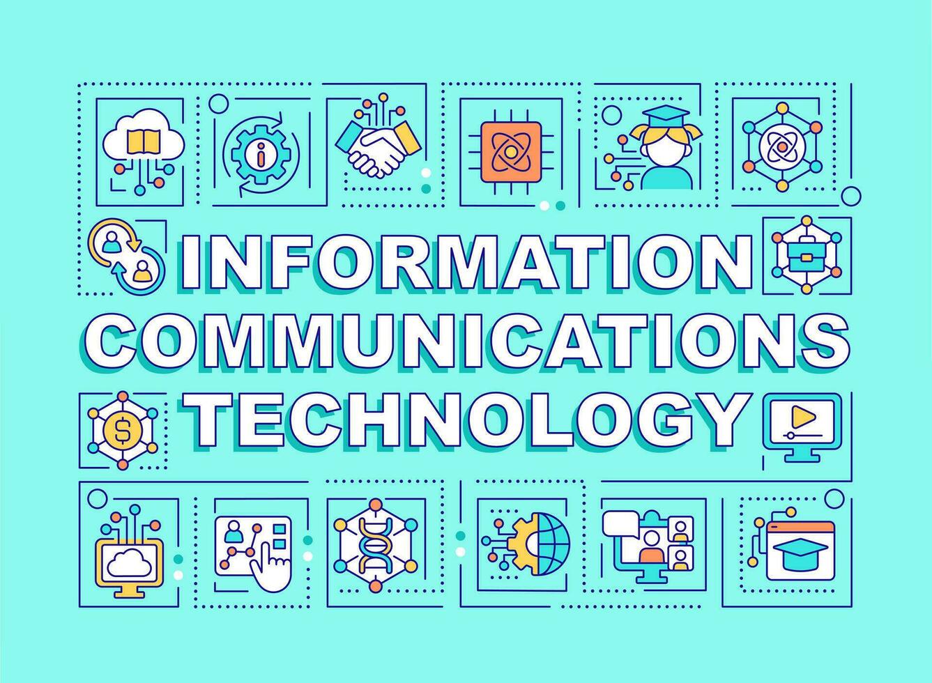 Information communication technology word concepts mint green banner. Infographics with editable icons on color background. Isolated typography. Vector illustration with text
