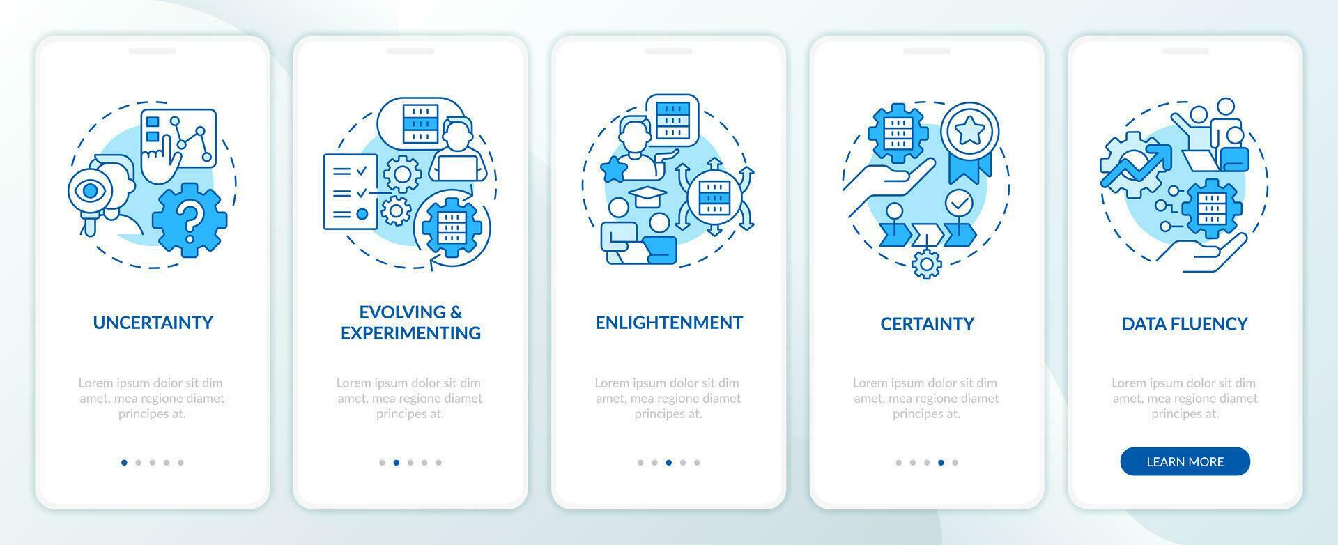 ICT literacy levels blue onboarding mobile app screen. Employment walkthrough 5 steps editable