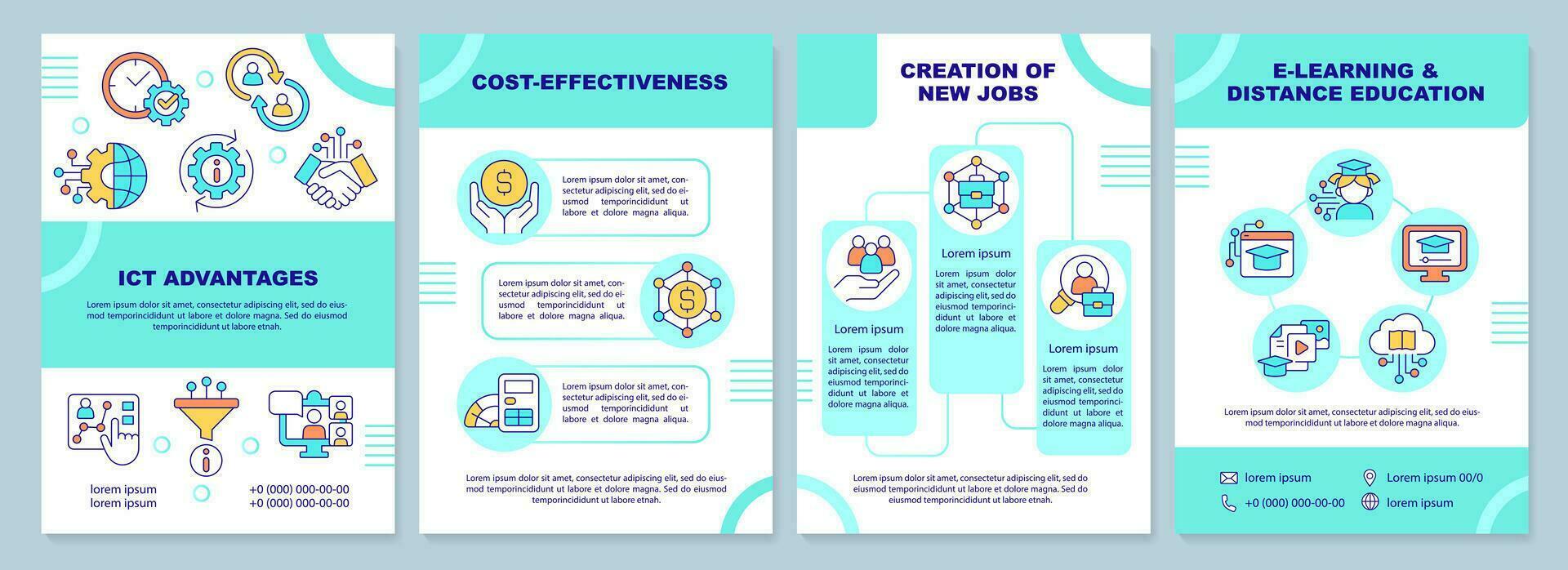 ICT advantages mint green brochure template. Leaflet design with linear icons. Editable 4 vector layouts for presentation, annual reports