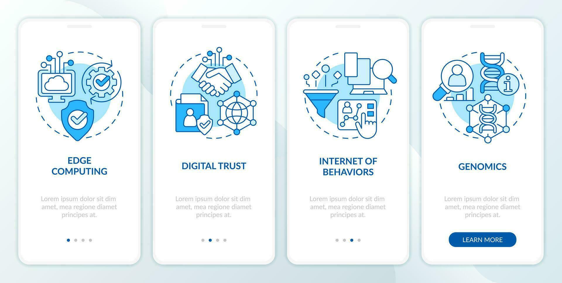 Information technology trends blue onboarding mobile app screen. Walkthrough 4 steps editable graphic instructions with linear concepts. UI, UX, GUI template vector