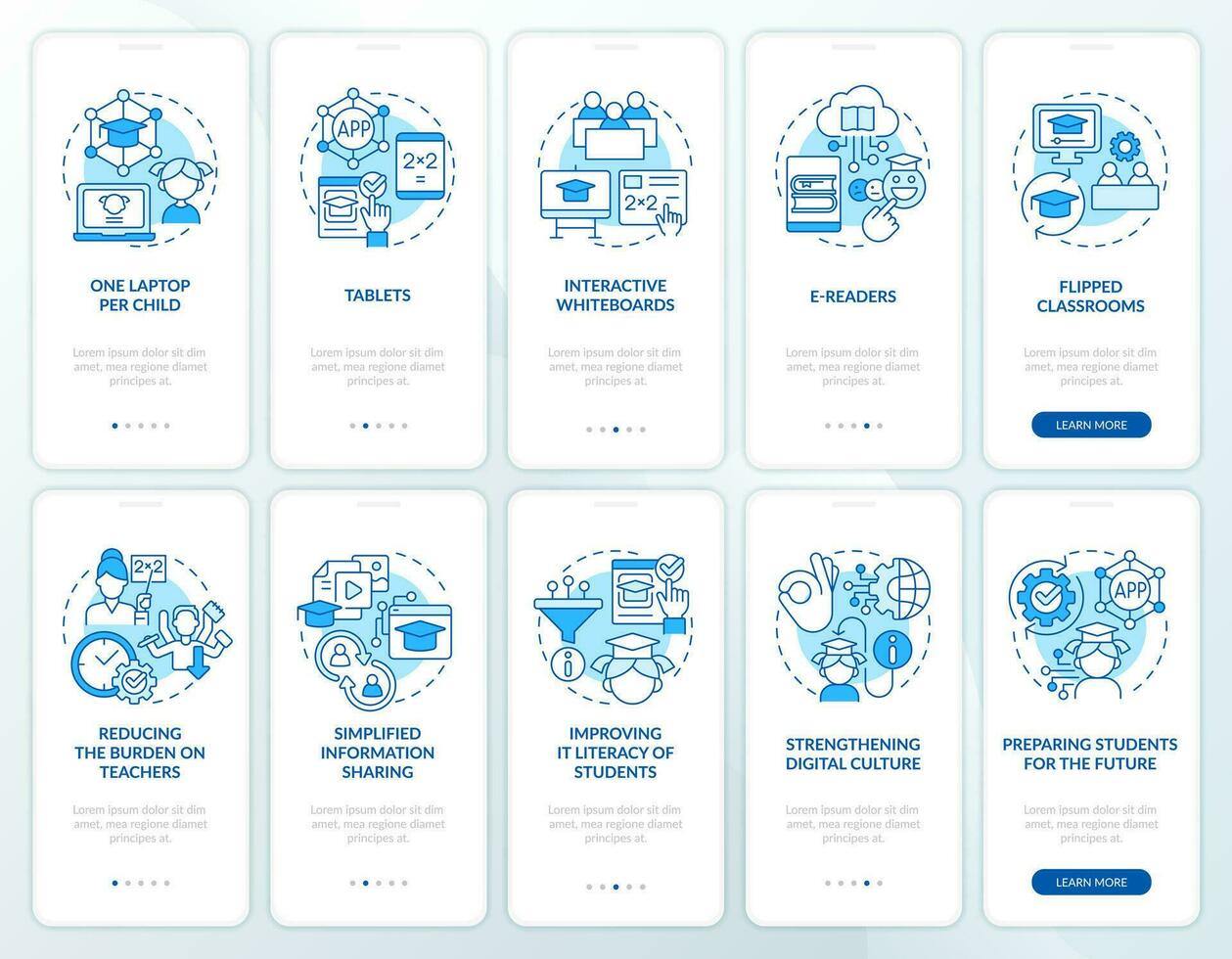ICT in education industry blue onboarding mobile app screens set. Walkthrough 5 steps editable graphic instructions with linear concepts. UI, UX, GUI template vector