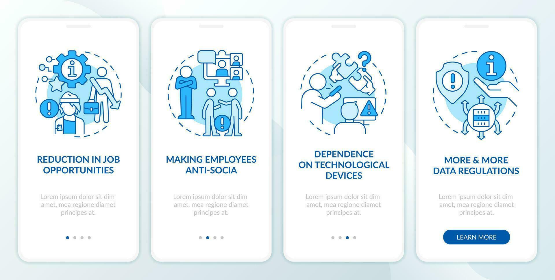 Business ICT disadvantages blue onboarding mobile app screen. Issues walkthrough 4 steps editable graphic instructions with linear concepts. UI, UX, GUI template vector