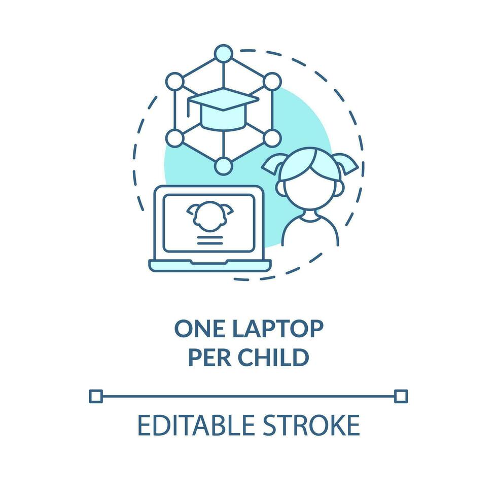 One laptop per child turquoise concept icon. Educational application of ICT abstract idea thin line illustration. Isolated outline drawing. Editable stroke vector