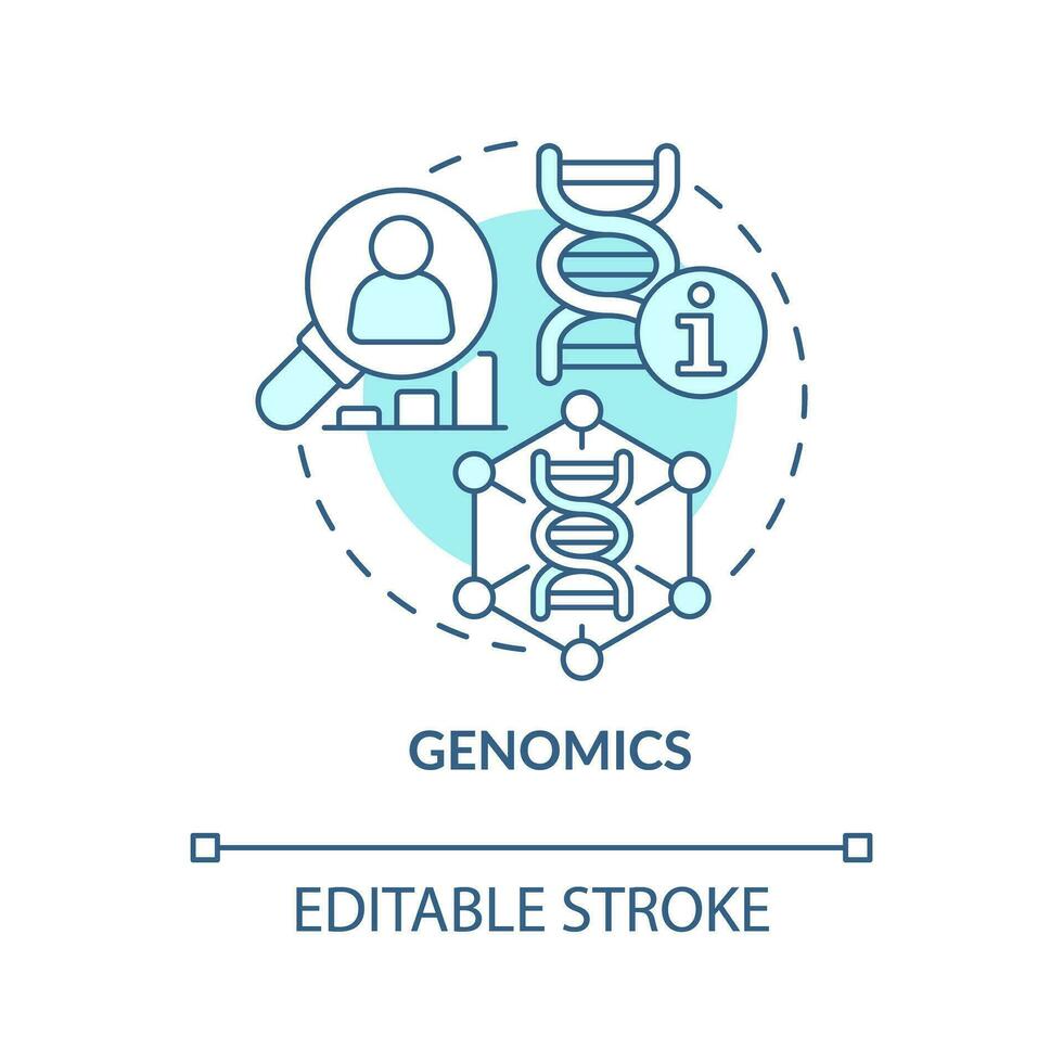 Genomics turquoise concept icon. DNA and genes studying. Information technology trend abstract idea thin line illustration. Isolated outline drawing. Editable stroke vector
