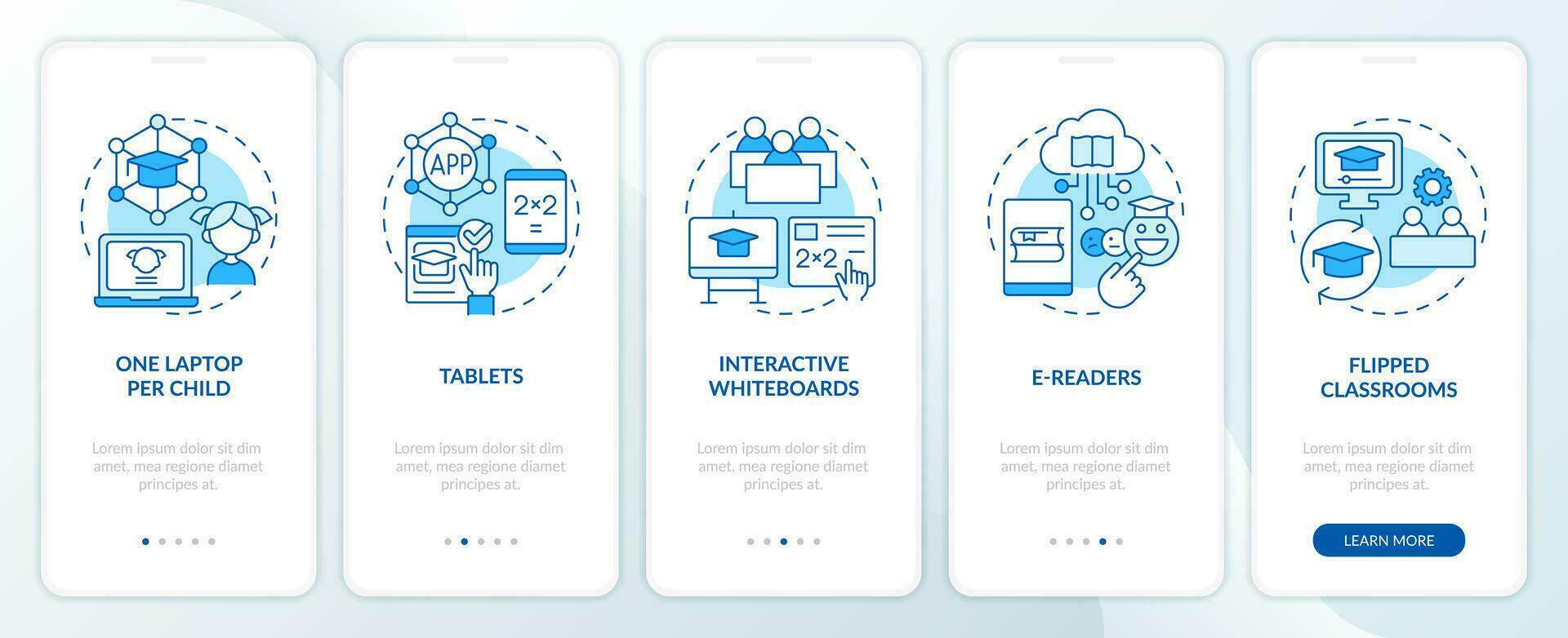 ICT educational applications blue onboarding mobile app screen. Data walkthrough 5 steps editable graphic instructions with linear concepts. UI, UX, GUI template vector