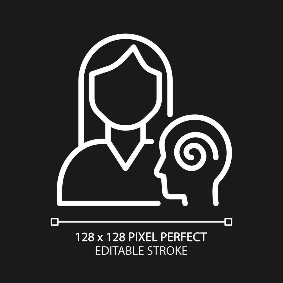 Psychiatry pixel perfect white linear icon for dark theme. Mental disorders diagnostics and treatment. Health care service. Thin line illustration. Isolated symbol for night mode. Editable stroke vector