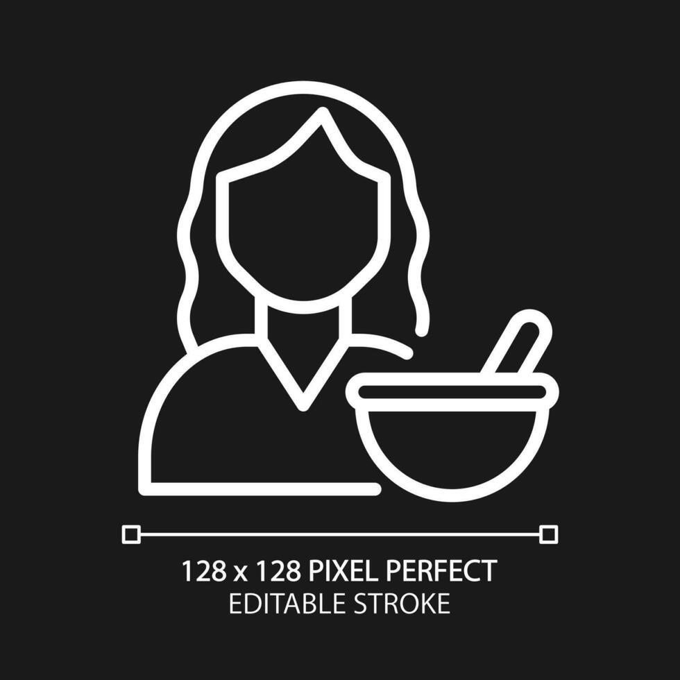 Pharmacy pixel perfect white linear icon for dark theme. Producing and preparation of medications. Medical service. Thin line illustration. Isolated symbol for night mode. Editable stroke vector