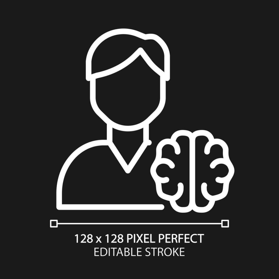 Neurology pixel perfect white linear icon for dark theme. Diagnostics and treatment of brain disorders. Neural system. Thin line illustration. Isolated symbol for night mode. Editable stroke vector