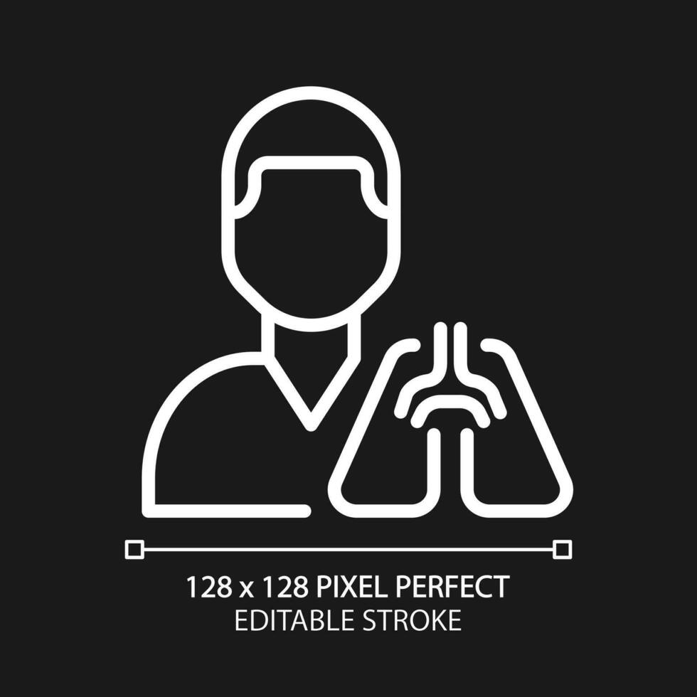 Pulmonology pixel perfect white linear icon for dark theme. Lungs diseases treatment and prevention. Medical clinic service. Thin line illustration. Isolated symbol for night mode. Editable stroke vector