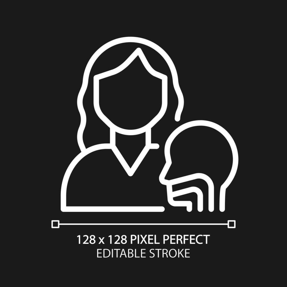 Otorhinolaryngology pixel perfect white linear icon for dark theme. Throat and nose diseases. Examination, treatment. Thin line illustration. Isolated symbol for night mode. Editable stroke vector