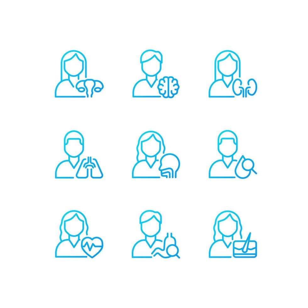 Hospital services pixel perfect gradient linear vector icons set. Cardiologist, gastroenterology. Diagnostics. Thin line contour symbol designs bundle. Isolated outline illustrations collection
