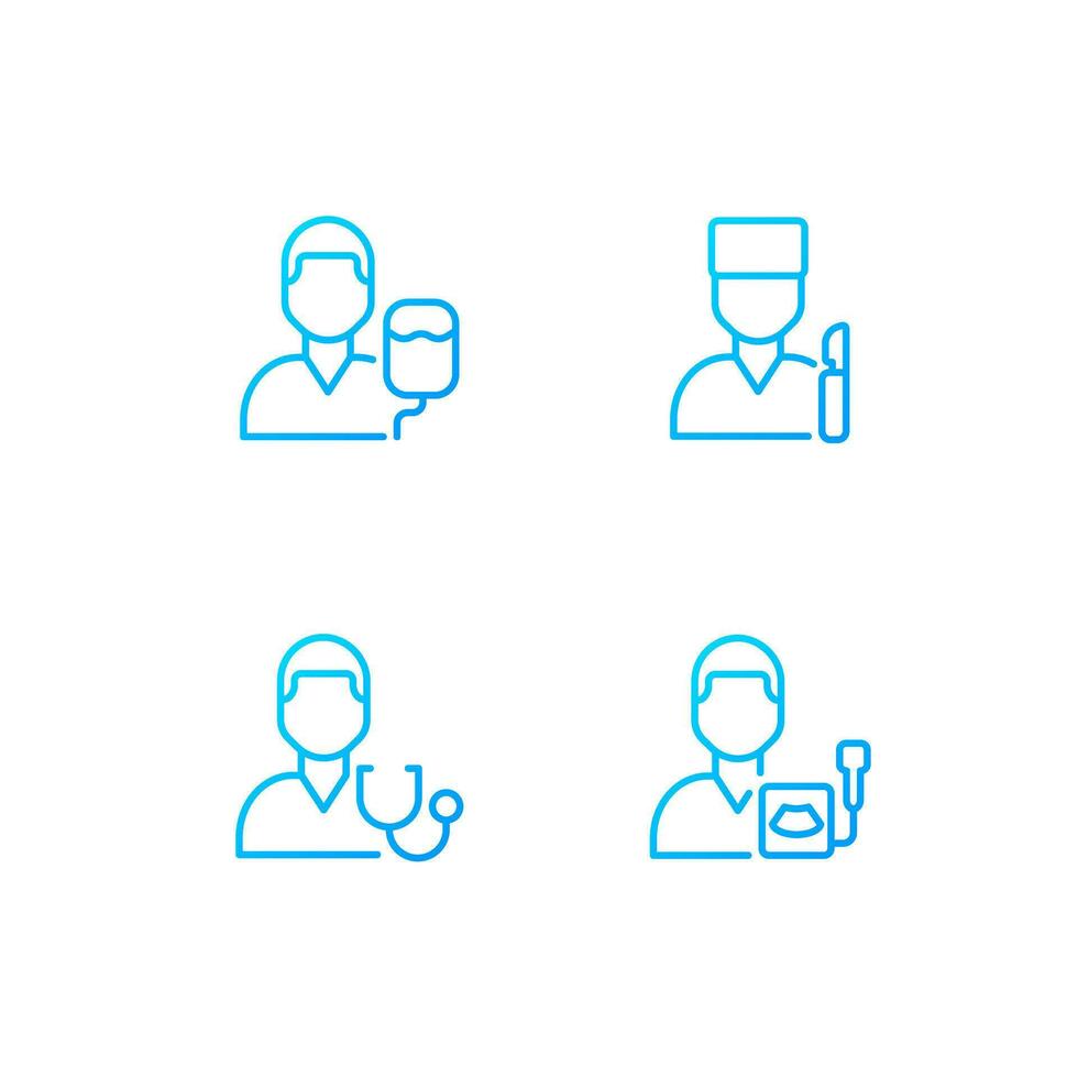 Diagnostics and treatment pixel perfect gradient linear vector icons set. Surgery and intensive care. Ultrasound. Thin line contour symbol designs bundle. Isolated outline illustrations collection