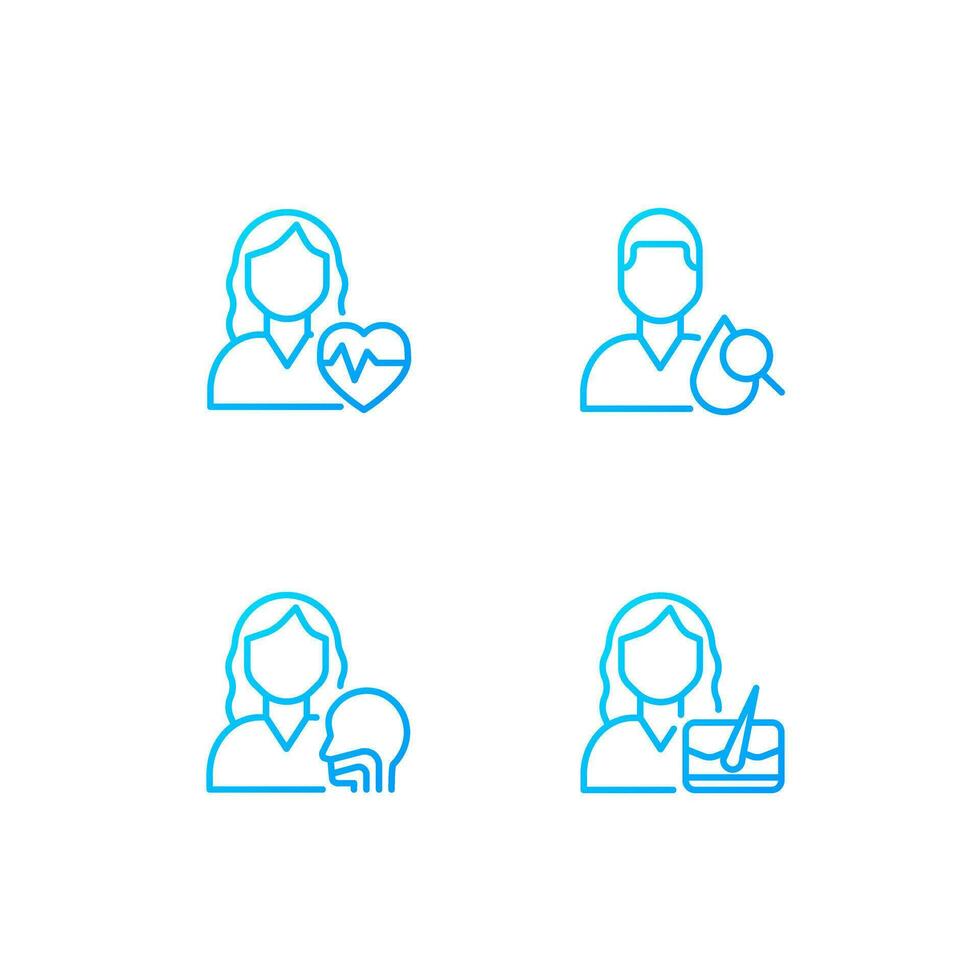 Doctor appointment pixel perfect gradient linear vector icons set. Otorhinolaryngology and cardiology. Diagnostics. Thin line contour symbol designs bundle. Isolated outline illustrations collection