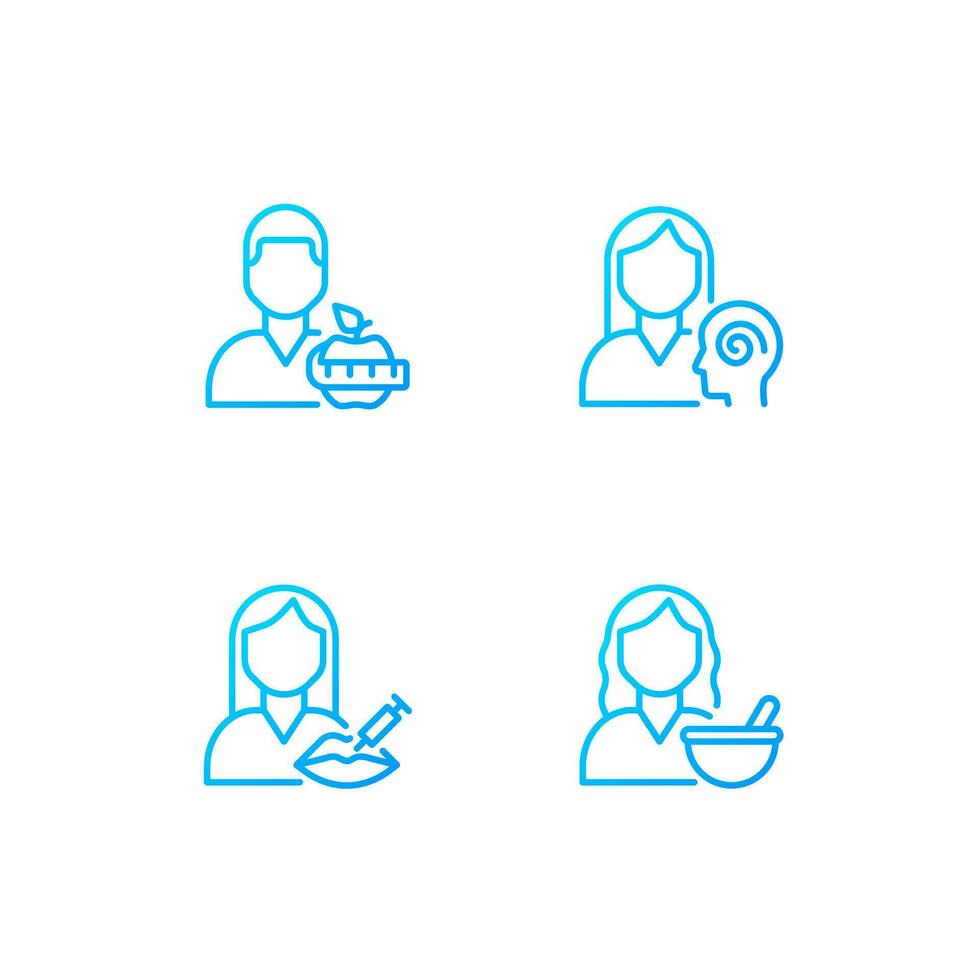 Healthcare services pixel perfect gradient linear vector icons set. Beauty clinic. Mental health. Cosmetologist. Thin line contour symbol designs bundle. Isolated outline illustrations collection