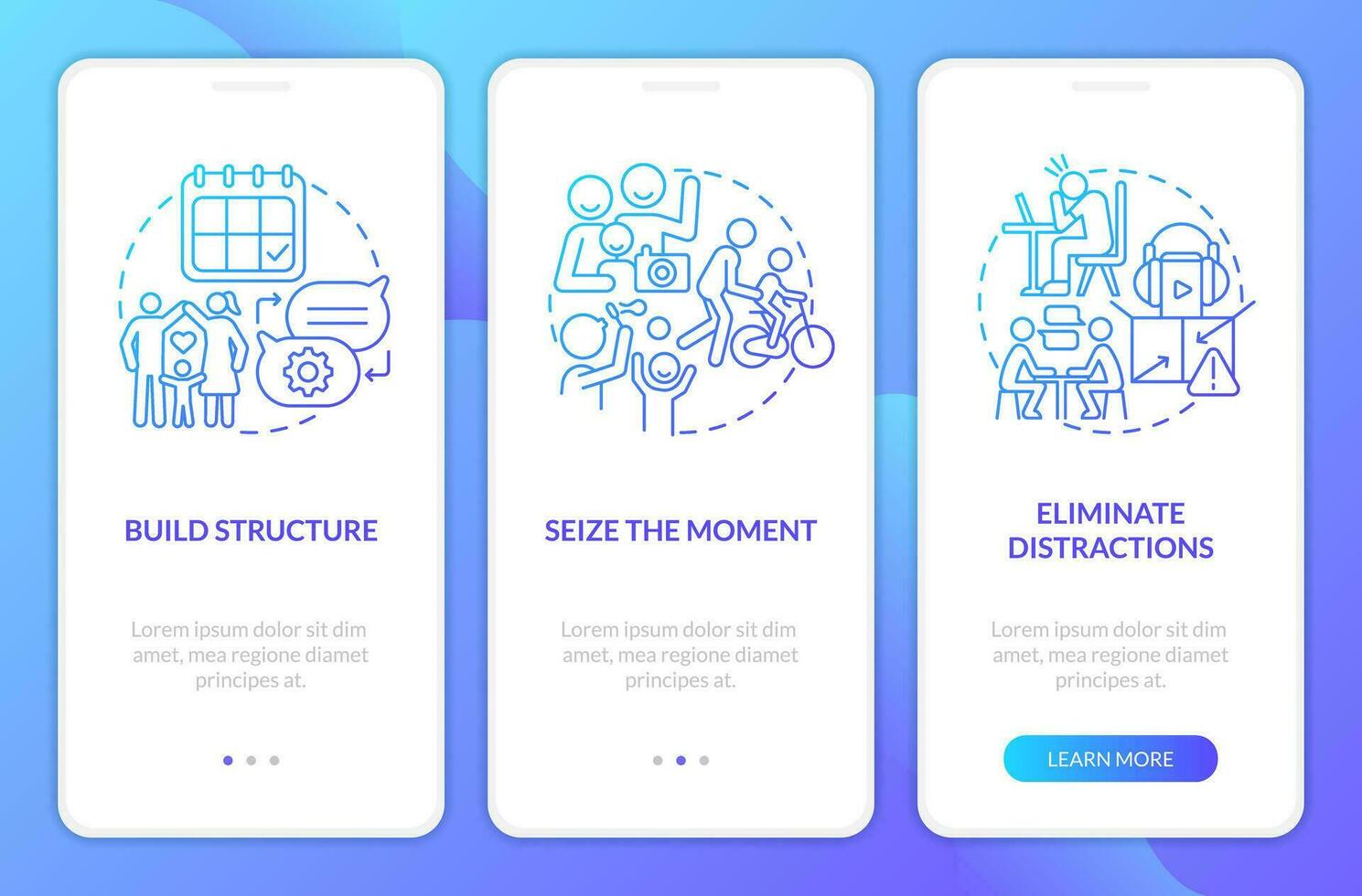 Opportunities for communication blue gradient onboarding mobile app screen. Walkthrough 3 steps graphic instructions with linear concepts. UI, UX, GUI template vector