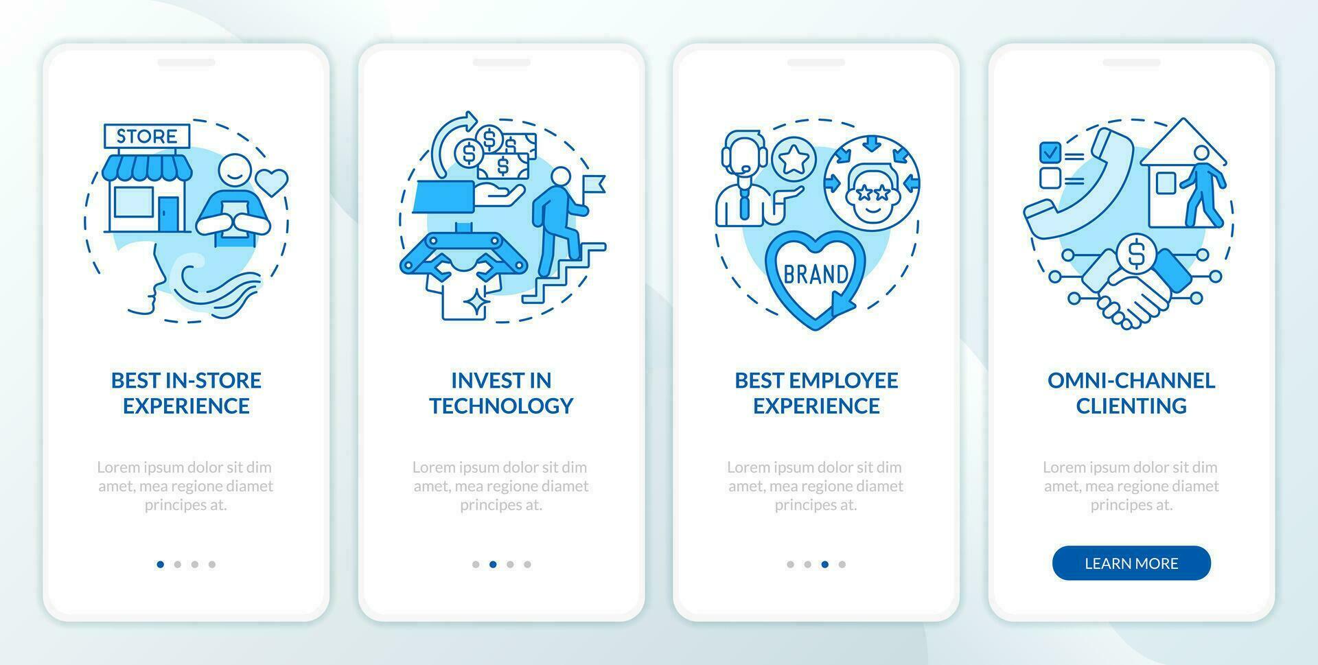 Retail tendencies blue onboarding mobile app screen. Business owner walkthrough 4 steps editable graphic instructions with linear concepts. UI, UX, GUI template vector