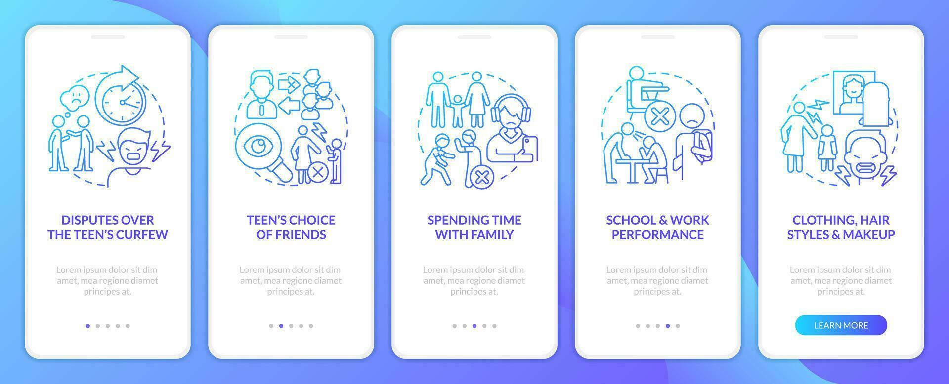 Parent teen conflict areas blue gradient onboarding mobile app screen. Family walkthrough 5 steps graphic instructions with linear concepts. UI, UX, GUI template vector