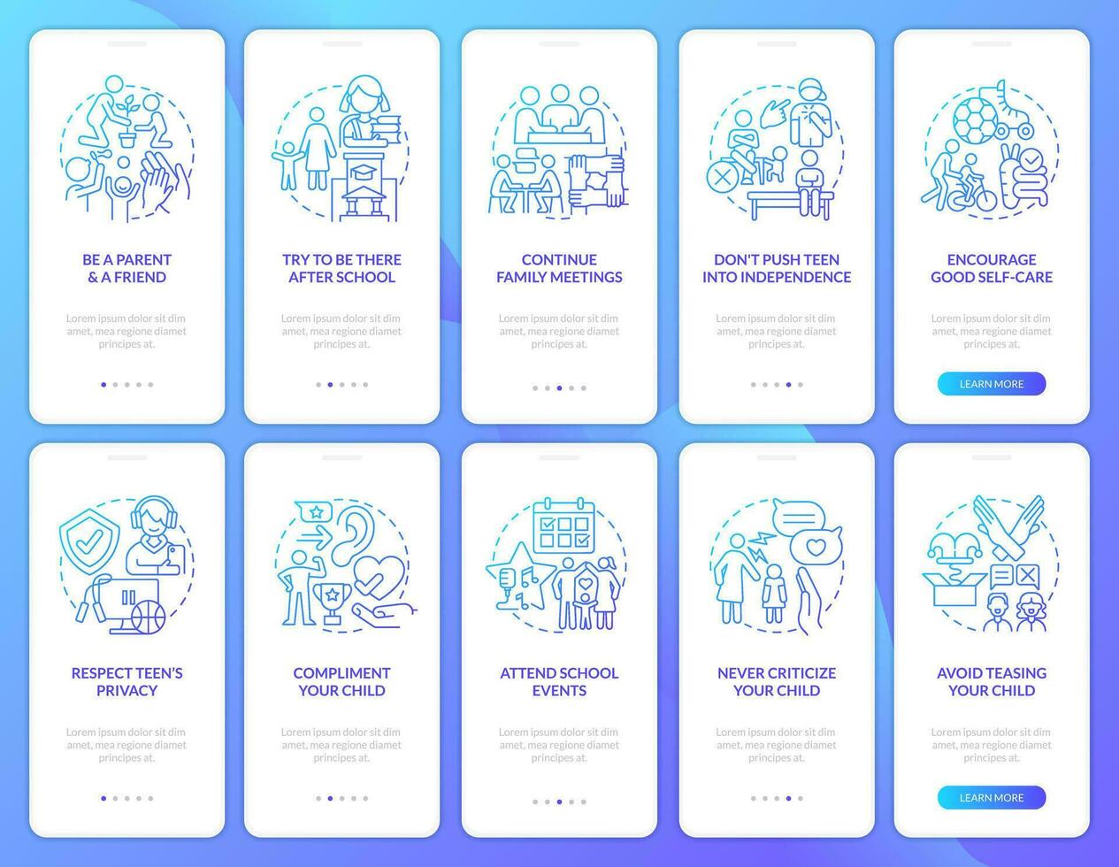 Teen parenting and self esteem blue gradient onboarding mobile app screens set. Walkthrough 5 steps graphic instructions with linear concepts. UI, UX, GUI template vector