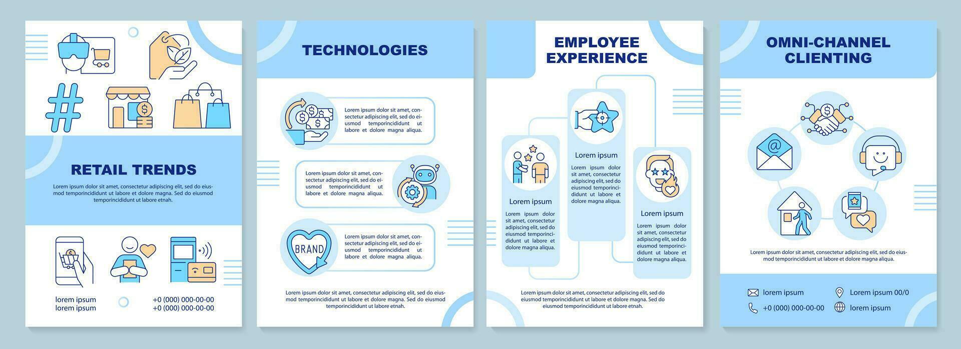 Retail trends blue brochure template. Shopping store. Leaflet design with linear icons. Editable 4 vector layouts for presentation, annual reports