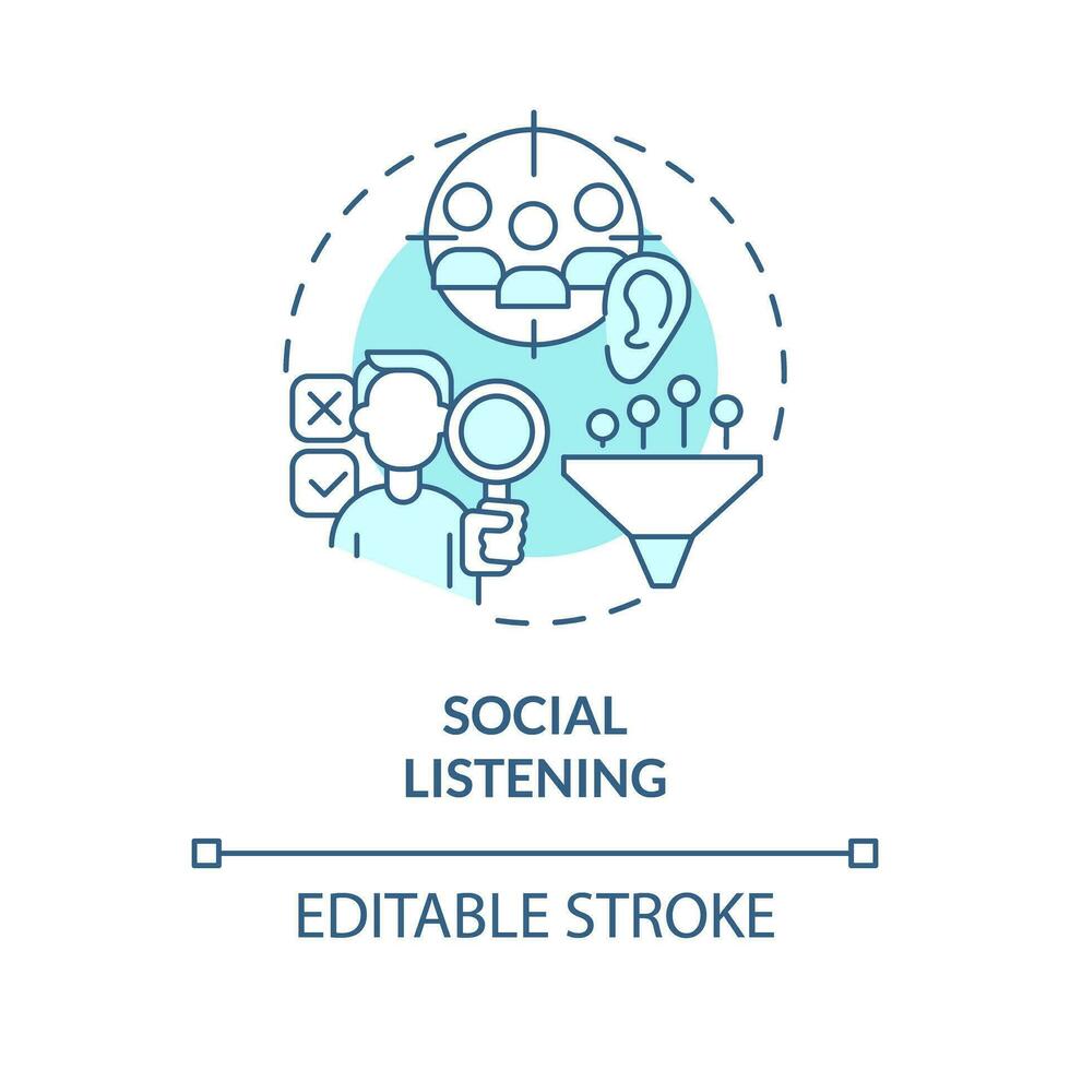 Social listening turquoise concept icon. Target audience. Keyword research. Brand development. Reputation management abstract idea thin line illustration. Isolated outline drawing. Editable stroke vector