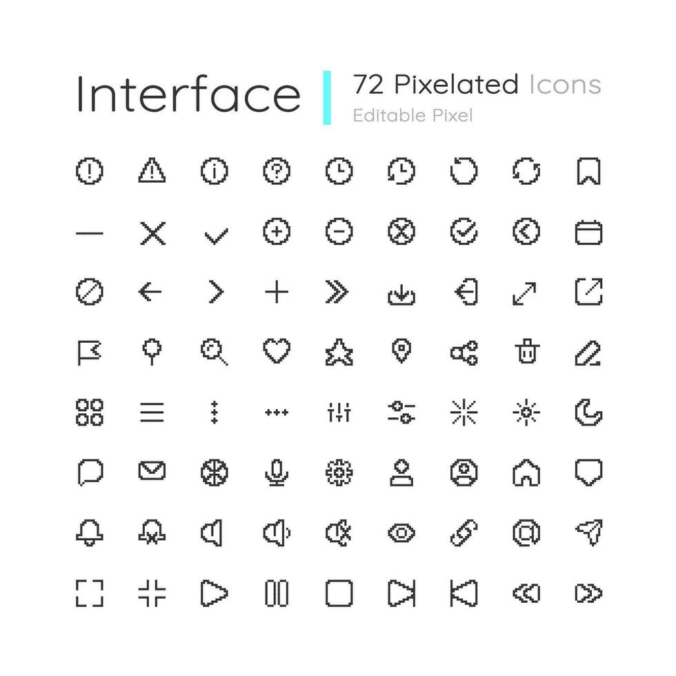 Minimalistic interface editable pixel ui icons set. Simple looking navigation. Outline 8bit graphic elements collection. Isolated retro vector images for web, mobile app