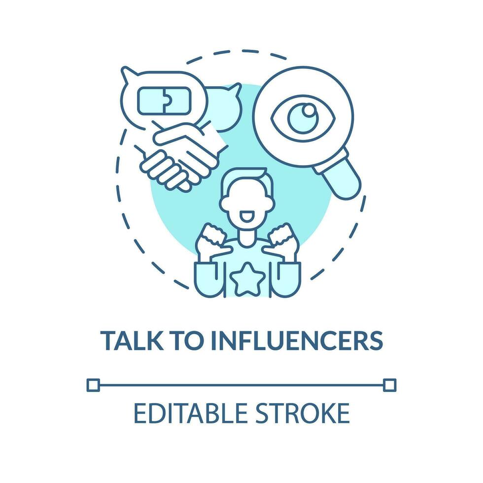 Talk to influencers turquoise concept icon. Content creator. Digital event. Industry meeting. Marketing strategy abstract idea thin line illustration. Isolated outline drawing. Editable stroke vector