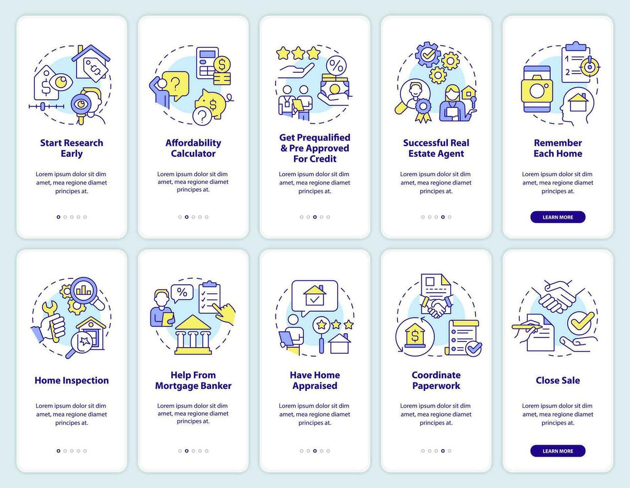 Buying home onboarding mobile app screen set. Real estate guide walkthrough 5 steps editable graphic instructions with linear concepts. UI, UX, GUI template vector