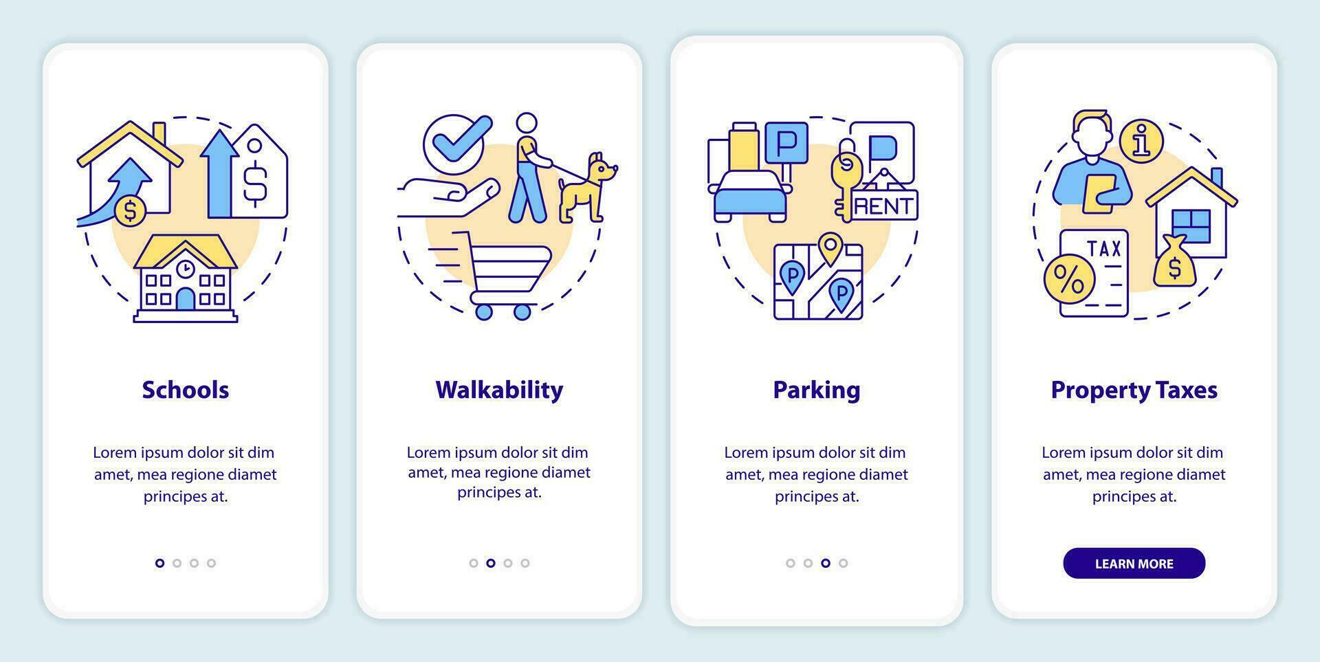 Convenient neighborhoods onboarding mobile app screen. Buying home walkthrough 4 steps editable graphic instructions with linear concepts. UI, UX, GUI template vector