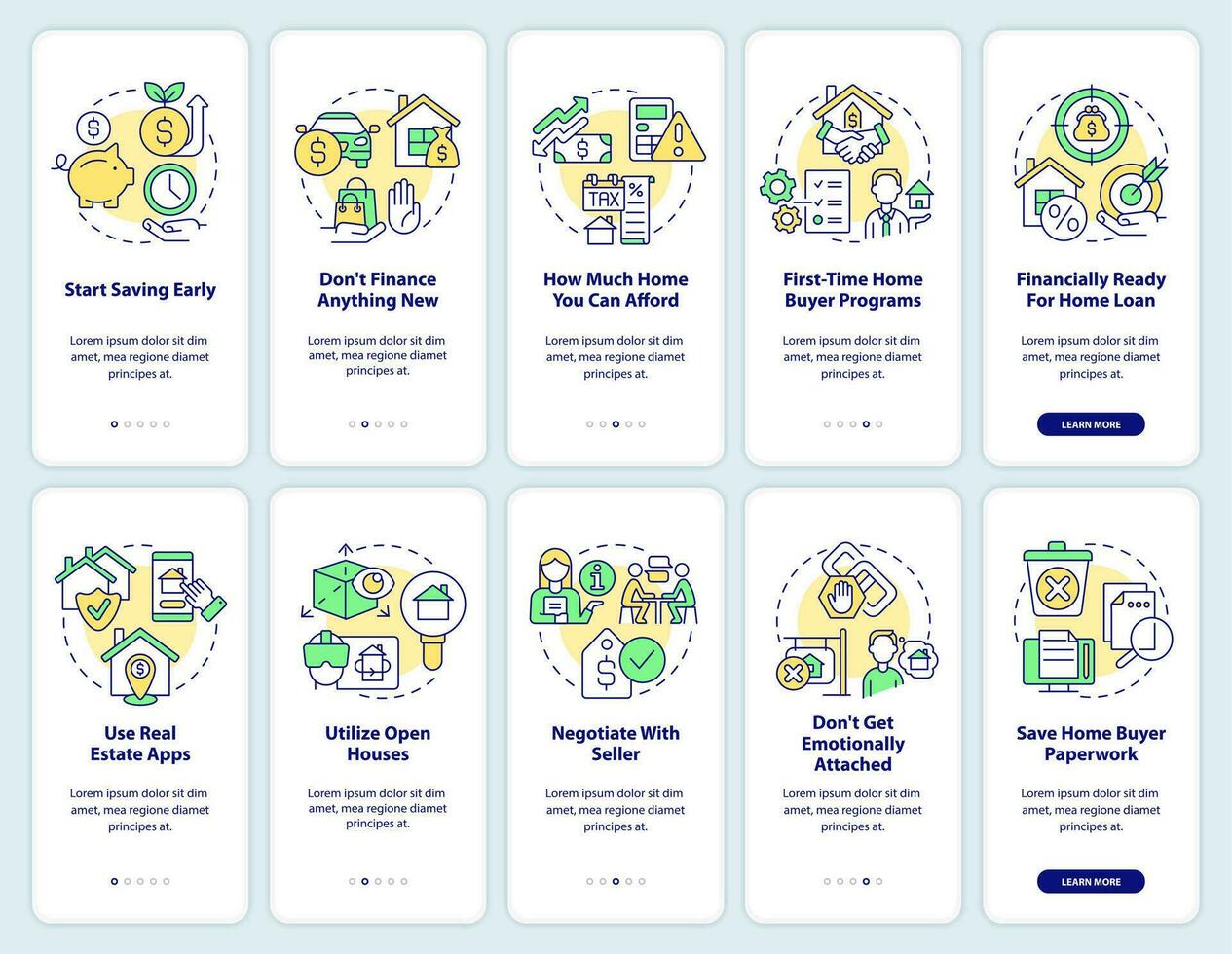 Ready to buy home onboarding mobile app screen set. Buyer tips walkthrough 5 steps editable graphic instructions with linear concepts. UI, UX, GUI template vector