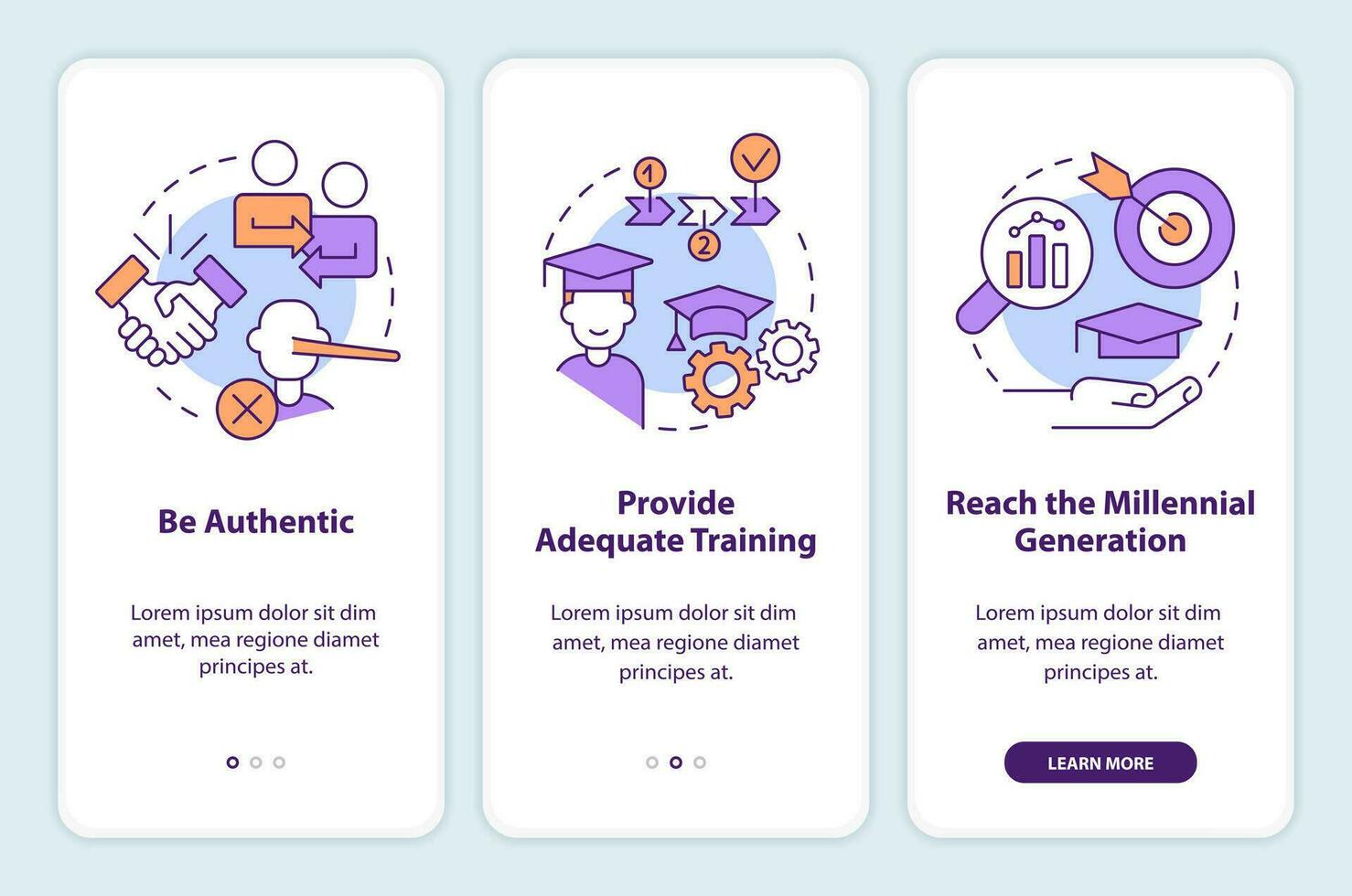 Build strong employer-worker relations onboarding mobile app screen. Walkthrough 3 steps editable graphic instructions with linear concepts. UI, UX, GUI template vector