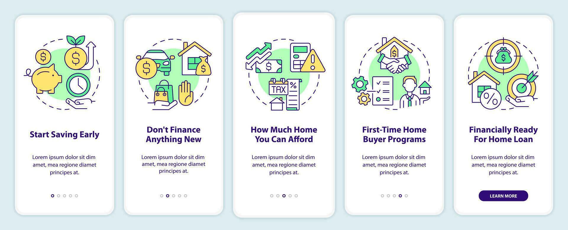 Buying house checklist onboarding mobile app screen. Homeownership walkthrough 5 steps editable graphic instructions with linear concepts. UI, UX, GUI template vector